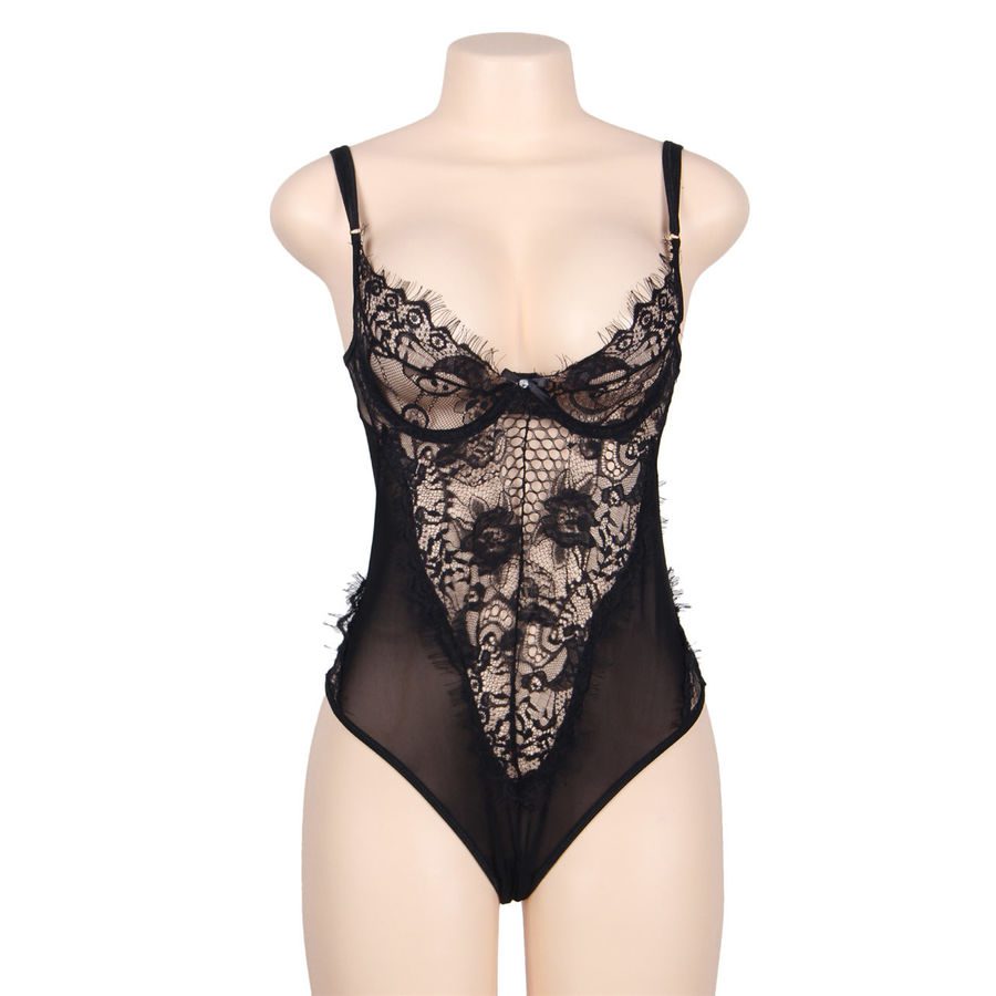 SUBLIME QUEEN PLUS PIZZO FLOREALE E TEDDY NERO CON FRANGE
