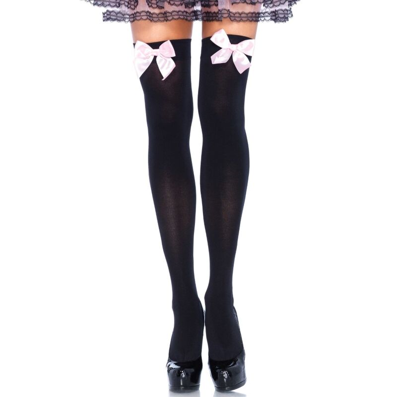 LEG AVENUE CALZE ALTE NERE CON FIOCCO ROSA TAGLIA UNICA