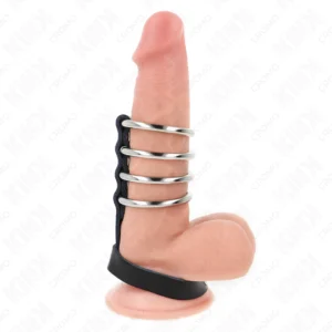 Kink - 4 Anelli per Pene in Metallo da 3,8 cm Collegati con Cinturino in Pelle da 22 X 1,5 cm e Chiusura a Pressione Kink - 4 Anelli per Pene in Metallo da 3,8 cm Collegati con Cinturino in Pelle da 22 X 1,5 cm e Chiusura a Pressione