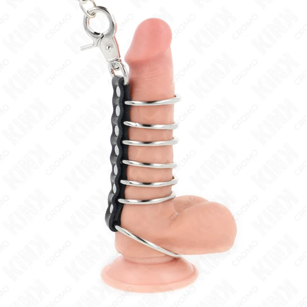 Kink - 7 Anelli per Pene in Metallo da 3,8 cm a 5 cm Collegati con Pelle e Catena in Metallo 100 cm 2 Kink - 7 Anelli per Pene in Metallo da 3,8 cm a 5 cm Collegati con Pelle e Catena in Metallo 100 cm 2