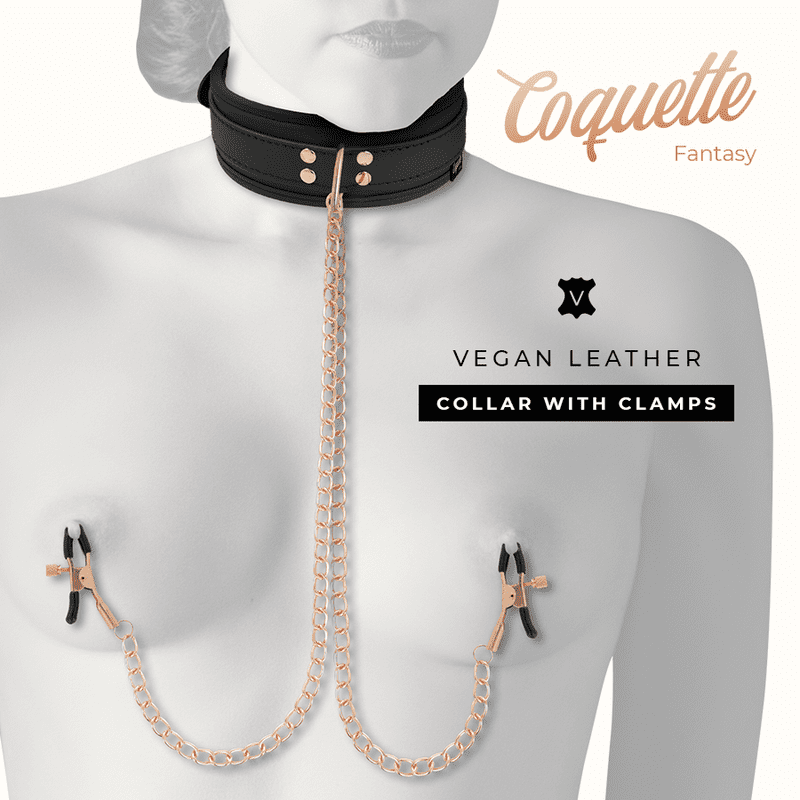 COLLARE CON MORSETTI PER CAPEZZOLI IN SIMILPELLE E CATENA COQUETTE CHIC DESIRE FANTASY