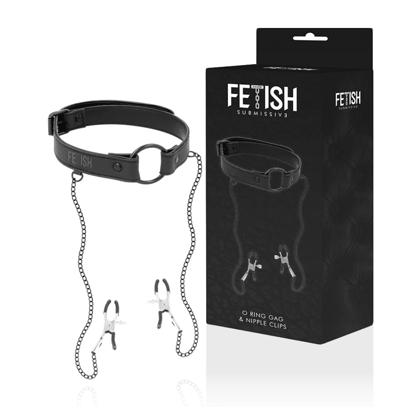 FETISH SUBMISSIVE ANELLO MORDAZA CON PINZAS PARA PEZONES