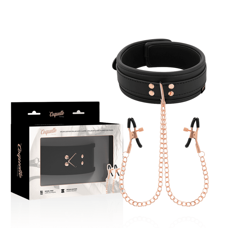 COLLARE CON MORSETTI PER CAPEZZOLI IN SIMILPELLE E CATENA COQUETTE CHIC DESIRE FANTASY