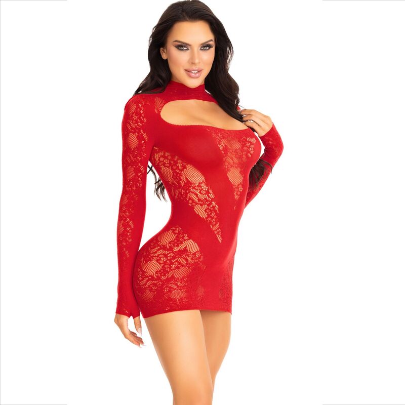 LEG AVENUE - MINI ABITO CON PIZZO MANICA LUNGA NERO