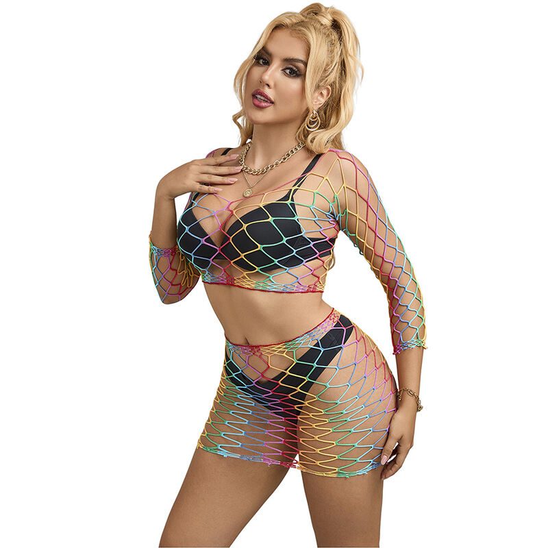 SUBBLIME - 952440 BODYSTOCKING A RETE 2 PEZZI MANICA LUNGA ARCOBALENO TAGLIA UNICA
