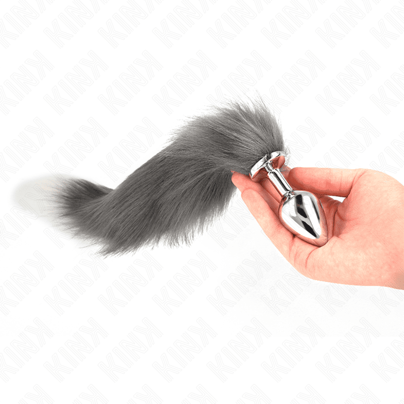 KINK - PLUG ANALE MISURA M 8 X 3,5 CM CON CODA SINTETICA 40 CM GRIGIO E BIANCO