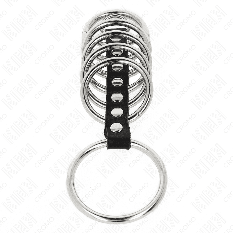 KINK - 7 ANELLI PER PENE IN METALLO DA 3,2 CM A 5 CM COLLEGATI DA PELLE