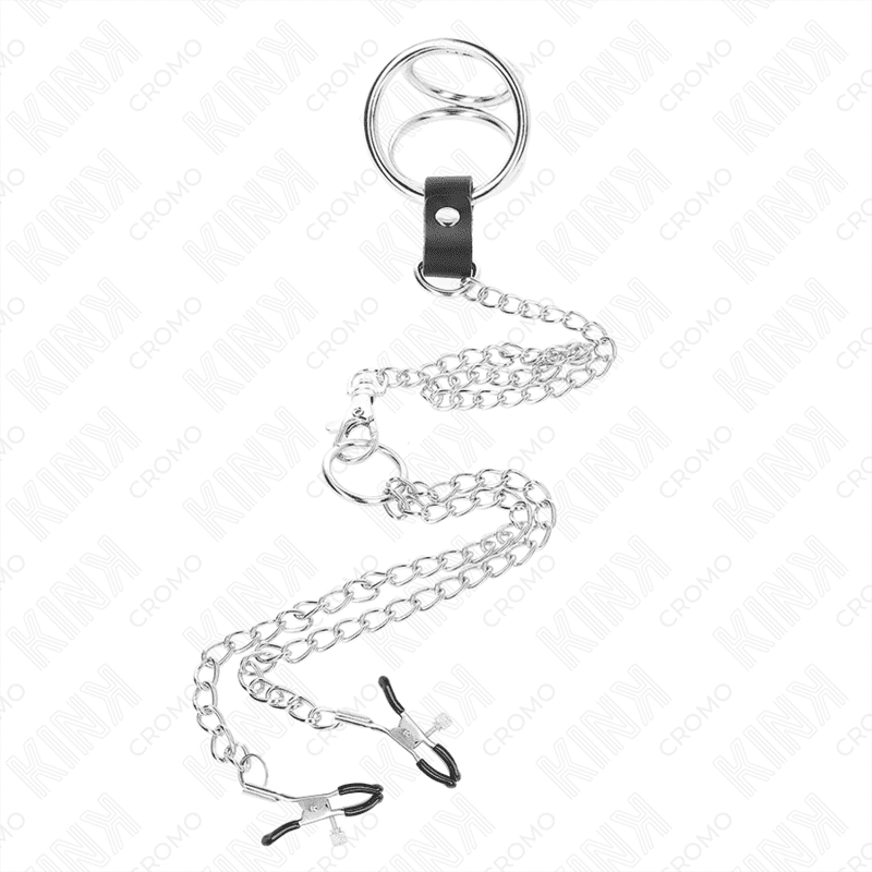 KINK - ANELLO PER PENE IN METALLO CROMATO TRIPLO DA 3,8 CM A 5 CM CON CATENA IN METALLO DA 26 CM E MORSETTI PER CAPEZZOLI MODELLO 1