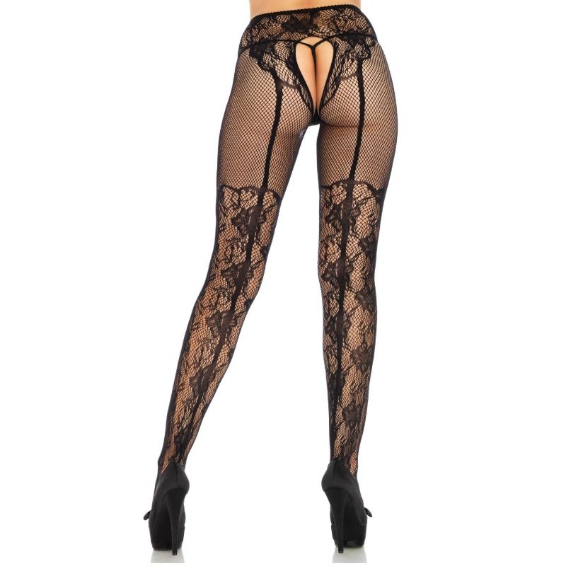 LEG AVENUE STOCKING FLOWERS DESIGN BACK CROTHLESS TAGLIA UNICA