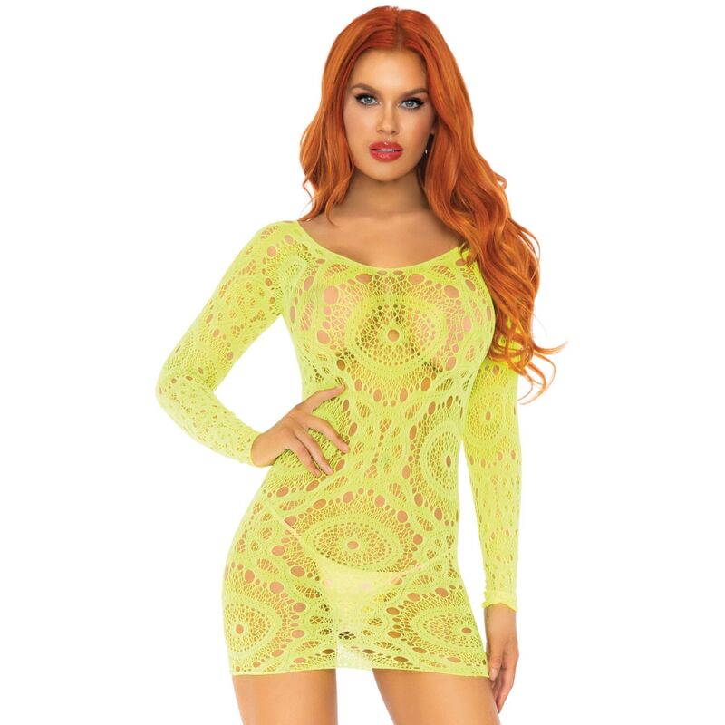 VESTITO MINI LEG AVENUE IN PIZZO NEON A MANICHE LUNGHE TAGLIA UNICA