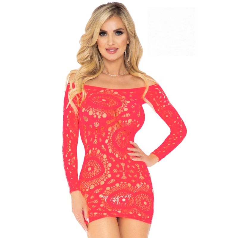 LEG AVENUE ABITO IN PIZZO CORALLO MINI MANICA LUNGA TAGLIA UNICA