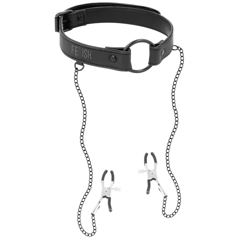 FETISH SUBMISSIVE ANELLO MORDAZA CON PINZAS PARA PEZONES